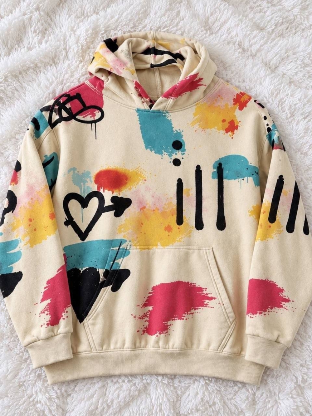 PacSun Cream Crewneck Hoodie with Teal, Yellow & Pink Paint-Splash Graphics